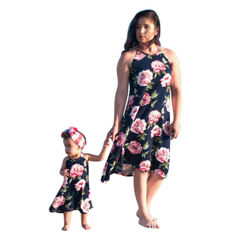 Adorable Mother & Daughter Matching Black Floral Dress